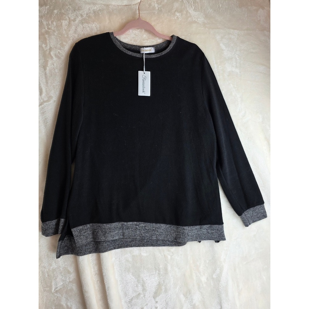 Fantaslook Black Grey‎ Long Sleeve Tunic Top Colorblock Side Slits Size L NWT